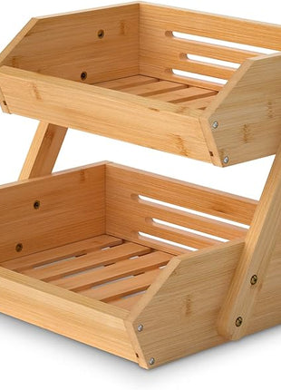2 Tier Fruit Basket For Kitchen- Bamboo Fruit and Vegetable Storage Bowl Stand For Kitchen Countertop, , Produce Basket Fruit Holder for Potato, Onion, Bread, Snack Storage