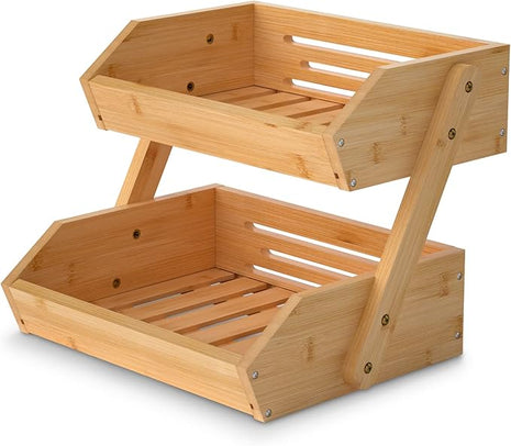 2 Tier Fruit Basket For Kitchen- Bamboo Fruit and Vegetable Storage Bowl Stand For Kitchen Countertop, , Produce Basket Fruit Holder for Potato, Onion, Bread, Snack Storage