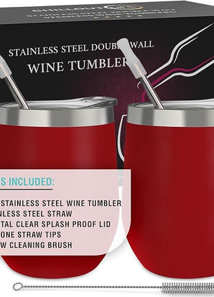 CHILLOUT LIFE 12 oz Stainless Steel Wine Tumblers 2 Pack - Double Wall Vacuum Insulated Wine Glasses Cups with Lids and Straws Set Keeping Cold & Hot for Coffee, Beer, Ice Cream - Powder Coated Red