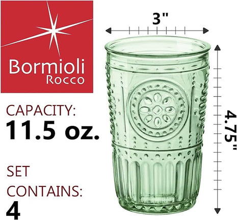 Bormioli Rocco Romantic Set Of 4 Tumbler Glasses, 11.5 Oz. Colored Crystal Glass, Pastel Green, Made In Italy.
