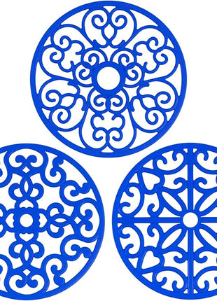 CHEFBEE 3PCS Silicone Trivet Mat - Flexible Non-Slip Heat Resistant Modern Kitchen Teapot Trivets Set for Hot Dishes, Table, Countertop Blue