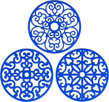 CHEFBEE 3PCS Silicone Trivet Mat - Flexible Non-Slip Heat Resistant Modern Kitchen Teapot Trivets Set for Hot Dishes, Table, Countertop Blue