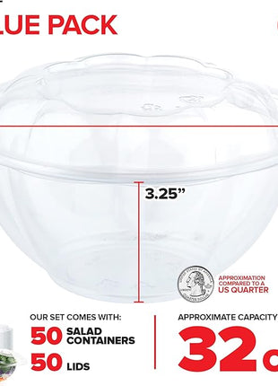 Stock Your Home 32oz Clear Plastic Salad Bowls with Lids Disposable (50 Pack) Medium Takeout Container with Snap on Lid for Fruit Salads, Quinoa, Lunch and Meal Prep, Acai Bowl, To-Go Party Containers
