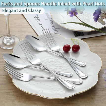 24 PCS Spoons and Forks Set, Food Grade Stainless Steel with Pearl Dot Design Handle Silverware Set, Mirror Polished Dishwasher Safe, Silverware Forks and Spoons for Home or Restaurant