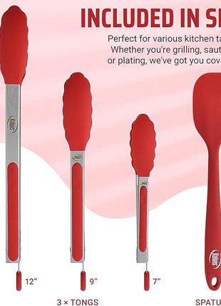 Kaluns Kitchen Tongs for Cooking Grilling Set of 4, BBQ Grill Tongs With Silicone Tip Stainless Steel Heat Resistant, Non-stick Pull Lock, Incl 7, 9, 12 Inch Tong Plus a Silicone Spatula