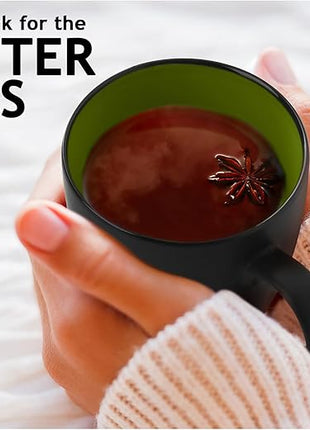 MIAMIO - Set of 6 Stoneware Coffee Mugs 12 Ounce/Cup Set - Le Papillon Collection (Black-Green)