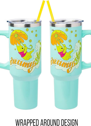 Silver Buffalo Disney Winnie the Pooh “Dreamy Days” Retro Art Stainless Steel Tumbler with Handle and Straw, Fits in Standard Cup Holder, 40 Ounces (Pack of 12)