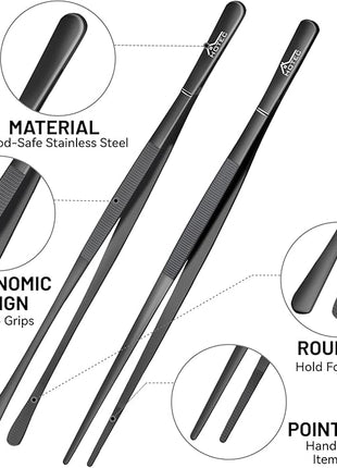 HOTEC Kitchen Tweezers Tongs Stainless Steel Professional Chef Tweezers, Set of 2-12inch Extra-Long Food Tongs for Cooking,Grill and Baking