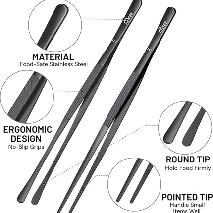 HOTEC Kitchen Tweezers Tongs Stainless Steel Professional Chef Tweezers, Set of 2-12inch Extra-Long Food Tongs for Cooking,Grill and Baking