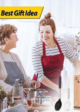 Pack of 2 Large Silicone Cooking Spoon Non Stick Solid Basting Spoons Heat-Resistant Kitchen Utensils for Mixing Serving (Black-White)