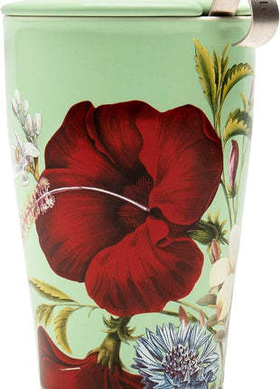 Tea Forte Double-Walled Ceramic Kati Cup, Removable Stainless Steel Infuser Basket and Lid, Steeps 12 oz Loose Leaf Tea, Dishwasher & Microwave Safe, Fleur
