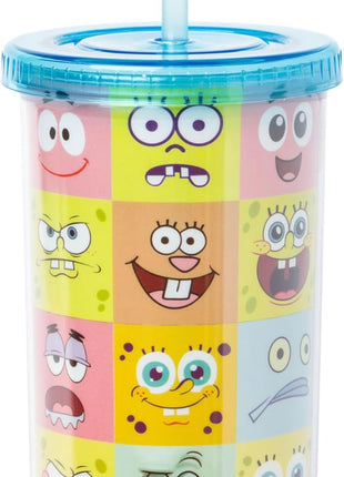 Silver Buffalo Spongebob Squarepants Character Emotions Grid Featuring Patrick Star, Sandy Cheeks, Squidward Tentacles, and Fish Plastic Tall Cold Cup With Lid and Straw, 20 Ounces