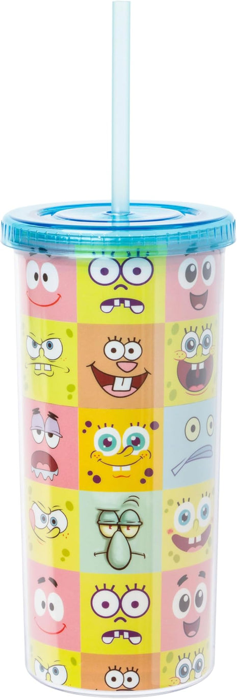 Silver Buffalo Spongebob Squarepants Character Emotions Grid Featuring Patrick Star, Sandy Cheeks, Squidward Tentacles, and Fish Plastic Tall Cold Cup With Lid and Straw, 20 Ounces