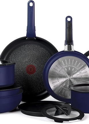 T-fal Ingenio Expertise Non Stick Cookware Set 14 Piece, Induction Oven Broiler Safe 500F, Detachable/Removable Handle, Kitchen, Pots and Pans, RV, Camping, Fry Pans, Saucepans, Dishwasher Safe, Blue