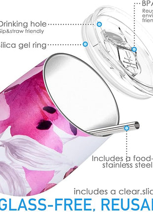 THILY Vacuum Insulated Stemless Wine Tumbler 12 oz Stainless Steel Wine Glass with Lid and Straw, Keep Cold or Hot for Coffee, Cocktails, 2 Pack(Pink Lilies + Lotus Flower)
