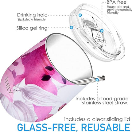 THILY Vacuum Insulated Stemless Wine Tumbler 12 oz Stainless Steel Wine Glass with Lid and Straw, Keep Cold or Hot for Coffee, Cocktails, 2 Pack(Pink Lilies + Lotus Flower)