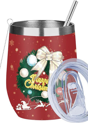 MEZMUT Christmas Wine Tumbler Unique Mom Christmas Gifts for Women Her 12oz Stainless Steel Wine Glass Christmas Cups Insulated Tumblers with Lids&Straws Double Wall Vacuum Coffee Tumbler Mugs