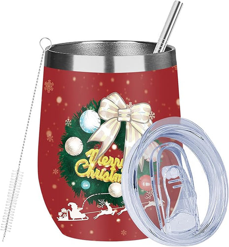 MEZMUT Christmas Wine Tumbler Unique Mom Christmas Gifts for Women Her 12oz Stainless Steel Wine Glass Christmas Cups Insulated Tumblers with Lids&Straws Double Wall Vacuum Coffee Tumbler Mugs