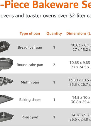 Amazon Basics 6 Piece Nonstick, Carbon Steel Oven Safe Bakeware Set with Cake, Muffin, Cookie, and Loaf Pans, 6 Piece, 16.25 x 11.75 x 6.25 inches