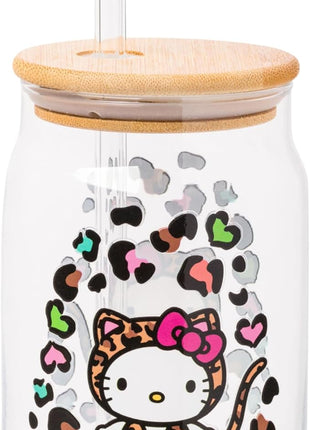 Silver Buffalo Sanrio Hello Kitty Leopard Print Glass Tumbler with Bamboo Lid and Glass Straw, 16 Ounces