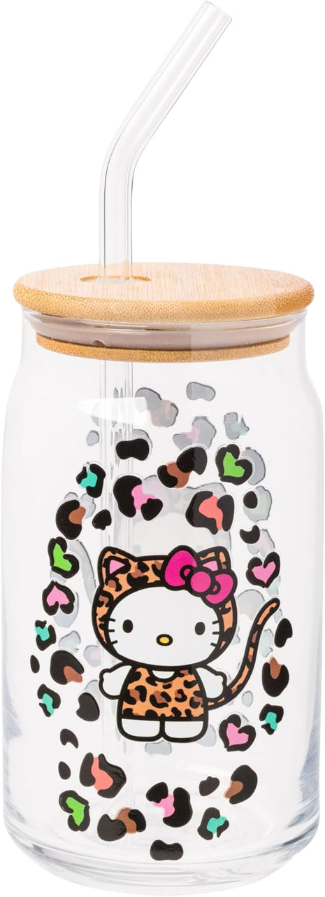 Silver Buffalo Sanrio Hello Kitty Leopard Print Glass Tumbler with Bamboo Lid and Glass Straw, 16 Ounces