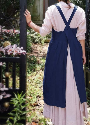 Uaussi Cotton Linen Apron Cross Back Work Apron for Women with Pockets Pinafore Dress X Cross Halter Apron for Chef Gardening