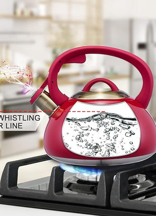Whistling Tea Kettle Stainless Steel Teapot, Teakettle for Stovetop Induction Stove Top, Fast Boiling Heat Water Tea Pot 2.5 Quart(Red)