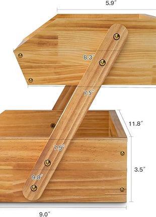 2 Tier Wooden Fruit Basket For Kitchen, Bread Vegetable Fruit Basket Bowl Stand, Farmhouse Fruit Bowl for Countertop, Large