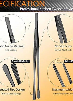 JETKONG 6 Pcs Cooking Tweezer Tongs, 12'' and 6.3" Stainless Steel Kitchen Tweezer Set, Professional Chef Tweezers for Cooking, Repairing, Sea Food, BBQ, Multi-use (Black)