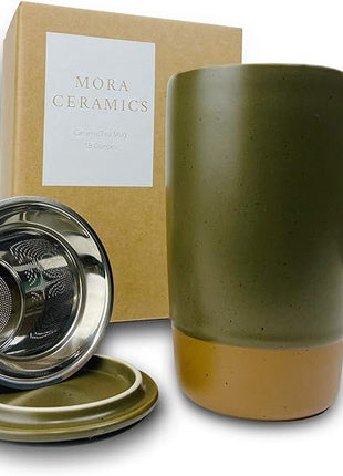 Mora Ceramics Large Tea Mug with Loose Leaf Infuser and Ceramic Lid, 18 oz, Portable, Microwave and Dishwasher Safe, Tall Coffee Cup - Rustic Matte Ceramic Glaze, Modern Herbal Tea Strainer, Olive