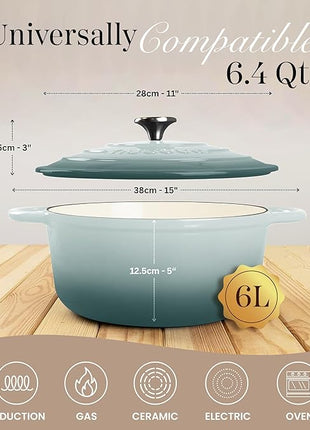 Nuovva Enamelled Cast Iron Dutch Oven Pot with Lid 6.4 Quart Non Stick Casserole Pot – Heavy Duty & Oven Safe up to 500° F for Bread Baking, Braising, Stews, Roasting – 28cm Sea Salt