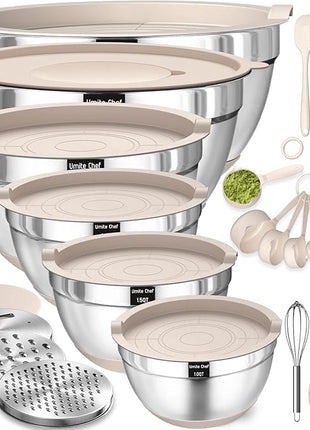 Mixing Bowls with Airtight Lids Set, 26PCS Stainless Steel Khaki Bowls with Grater Attachments, Non-Slip Bottoms & Kitchen Gadgets Set, Size 7, 4, 2.5, 2.0,1.5, 1QT, Great for Mixing & Serving