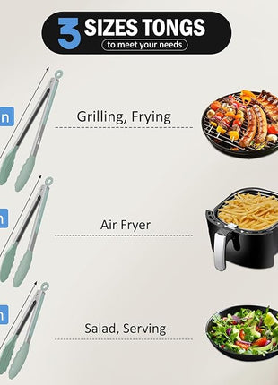Kitchen Tongs, Set of 3 Stainless Steel Tongs with Silicone Tips Locking Cooking Tongs 600ºF Heat Resistant Tong for Cooking BBQ Grilling Air Fryer Serving Food Salads, 7"+9"+12" Light Green