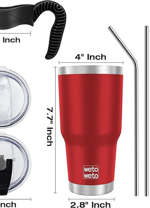 WETOWETO 30oz Insulated Tumbler With 2 Lids and 2 Straws, Stainless Steel Double Vacuum Coffee Tumbler Cup with handle, Powder Coated Travel Mug for Office, Travel(Harvest Red, 1 Pack)