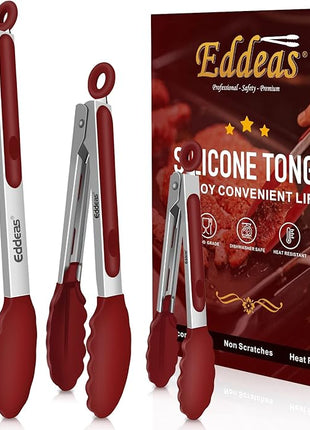 Tongs For Cooking - 7",9" and 12 inch Kitchen Tong with Silicone Tip,Heat Resistant 600 Degrees Metal Locking Tongs - for cooking,Salad and Barbecue,Red Set of 3