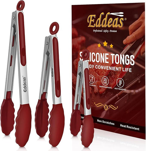 Tongs For Cooking - 7",9" and 12 inch Kitchen Tong with Silicone Tip,Heat Resistant 600 Degrees Metal Locking Tongs - for cooking,Salad and Barbecue,Red Set of 3