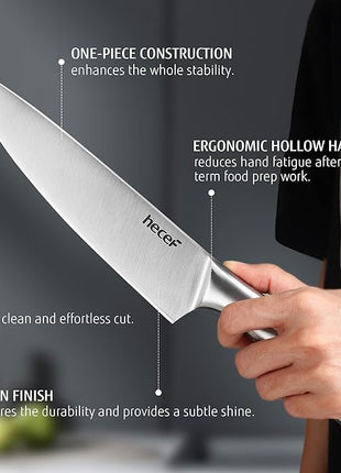 hecef Silver Kitchen knife set of 3, Satin Finish Blade with Hollow Handle, includes 8" Chef, 5" Utility and 3.5" paring knife