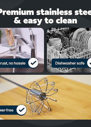 14 Inch Stainless Steel Hand Whisk - Durable & Easy to Use Push-Down Zip Whisker - Rotary Hand Mixer for Beating Eggs, Frothing Milk, Blending, Mixing, Whipping Smoothies & Shakes - Kitchen Tools