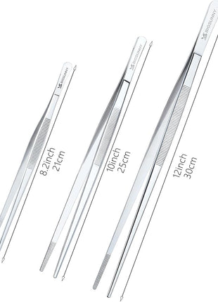 Set of 3 Kitchen Tweezers Fine Tweezer Tongs, MSY BIGSUNNY Stainless Steel Food Tweezers, Precision Serrated Tips Food Tongs (8.5" 10" and 12")