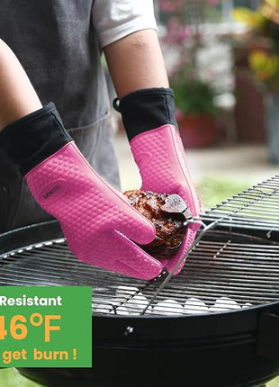 GEEKHOM BBQ Gloves Heat Resistant Oven Mitts - Silicone Grilling Gloves with 13.7" Arm Protection - Waterproof Pot Holder Non-Slip for Men & Women, Kitchen Outdoor Cooking, Baking, Camping, Pink