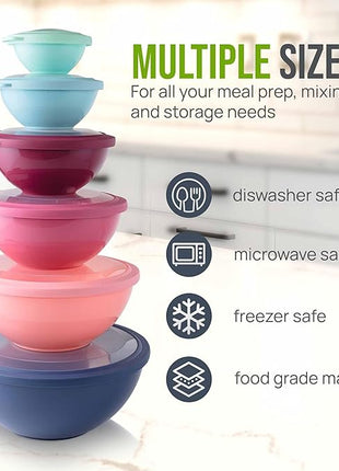 Zulay Kitchen 12 Piece Plastic Mixing Bowls with Leak-Proof Lids Set - Microwave and Freezer Safe Kitchen Mixing Bowls for Preparing, Serving and Storing - Large Nesting Bowls (Cotton Candy Ombre)