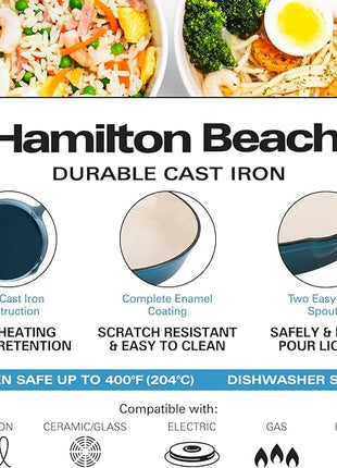 Hamilton Beach Enameled Cast Iron Fry Pan 8-Inch Navy, Cream Enamel Coating, Skillet Pan for Stove Top and Oven