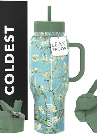 Coldest Tumbler with Handle and Straw - 100% Spill Proof Tumbler with Straw (3 Lids) - Stainless Steel Insulated Leakproof Tumblers for Women & Men - 36 oz (Almond Blossom)