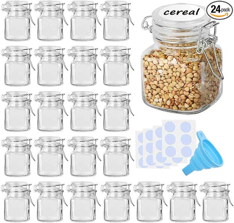 SPANLA Spice Jars, 24 Pack 4oz Small Glass Jars with Airtight Hinged Lid, With 24 Spice Labels & Silicone Funnels, Airtight Glass Jars for Spices, Condiments Herb Seasoning Art Craft Storage