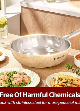 Sunhouse 10 Inch Tri-Ply Stainless Steel Frying Pan, Whole-Clad No Coatings Skillet with Stay-cool Handle for Cooking, Durable & Oven Safe to 500°F, Dishwasher Safe, Compatible with All Cooktops