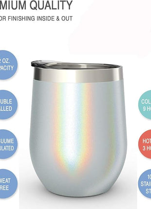CHILLOUT LIFE 12 oz Stainless Steel Wine Tumblers 4 Pack - Double Wall Vacuum Insulated Wine Glasses Cups with Lids and Straws Set Keeping Cold & Hot for Coffee, Beer, Ice Cream - Holographic Glitter