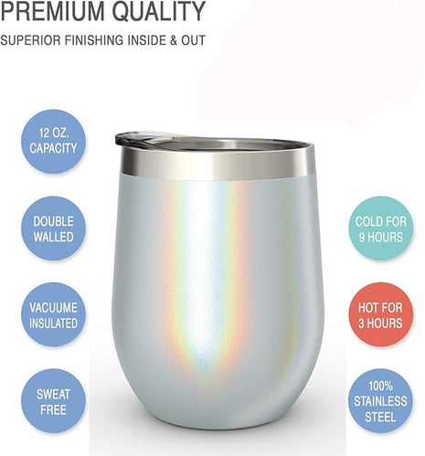 CHILLOUT LIFE 12 oz Stainless Steel Wine Tumblers 4 Pack - Double Wall Vacuum Insulated Wine Glasses Cups with Lids and Straws Set Keeping Cold & Hot for Coffee, Beer, Ice Cream - Holographic Glitter