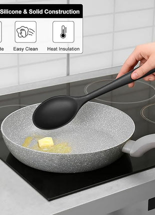 E-far Silicone Cooking Spoon Set of 2, Heat Resistant Kitchen Spoons Utensils Nonstick Mixing Spoon for Baking Stirring Serving, Non-Toxic & Dishwasher Safe (Black)