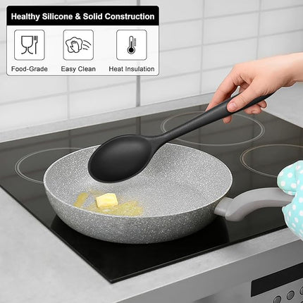 E-far Silicone Cooking Spoon Set of 2, Heat Resistant Kitchen Spoons Utensils Nonstick Mixing Spoon for Baking Stirring Serving, Non-Toxic & Dishwasher Safe (Black)