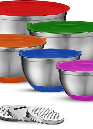 Belwares Mixing Bowls with Lids Set of 5 - Stainless Steel Nesting Bowls with Non-Slip Silicone Bottoms, Airtight Lids & 3 Grater Attachments Kitchen Baking Bowls for Food Prep & Storage (Colorful)